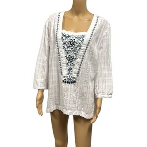 Bob Timberlake Cotton White 3 Quarter Sleeve Embroidered Peasant Top Blouse XXL